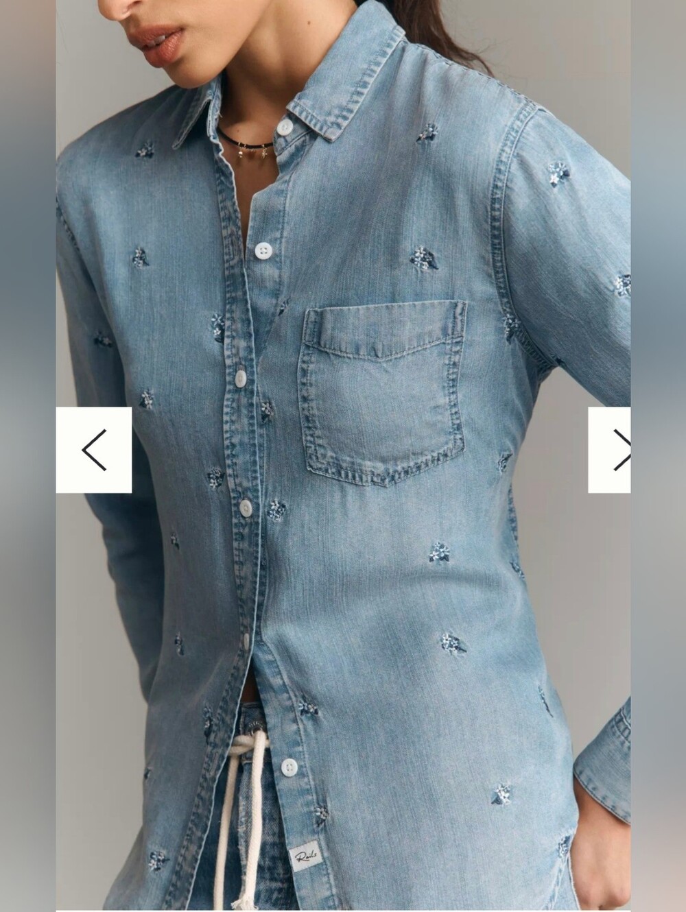 Rails Ingrid Light Blue Embroidered Denim Button-Down Shirt, Size M.